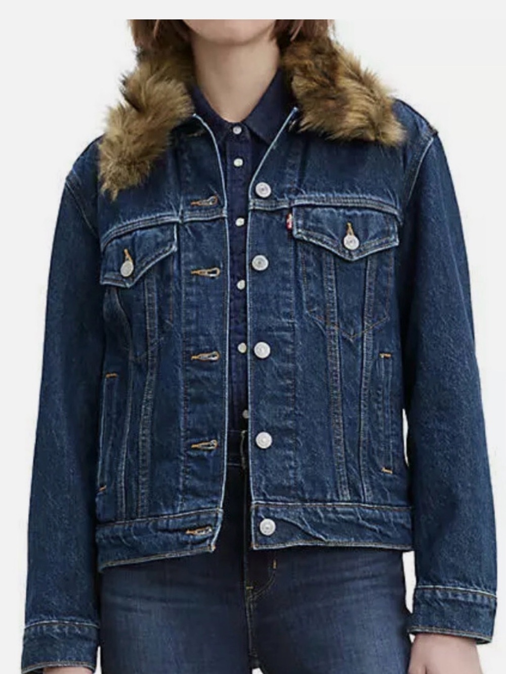 Levi's Blue Denim Jacket with Brown Faux Fur Collar